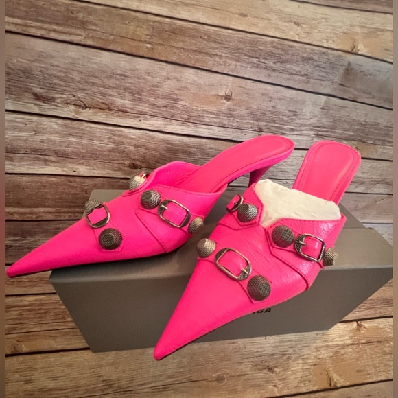 Balenciaga Cagole Pointed Toe Mule FluoPink BNIB - Picture 2 of 7